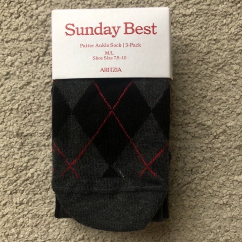 Sunday Best 3 Pack Black & Gray Argyle Socks with Red Accents.NWT.